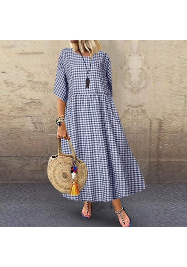 Lacivert Zanzea Bayan Kareli Ekose O Yaka Günlük Gevşek Uzun Elbise S Lacivert