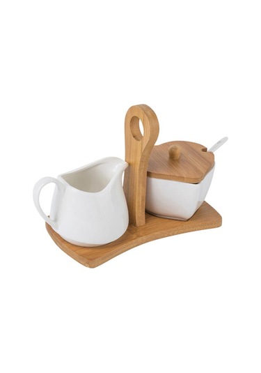 Seramik Şeker Kasesi Ve Krem Sürahisi Bambu Tepsisi Ve Kaşıkla Set Ev Otel Şeker Ve Krema Seti Şeker Ve Amp Krema Tencere 4 Izgara