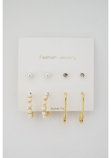 Kadın Kararmaz Inci Detaylı 8'Li Set Küpe Altın-M N11.735