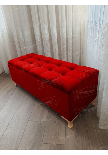 Lüks Çizgi Kapitoneli Sandıklı Puf Bench 120 Cm Gold Ayak Kırmızı