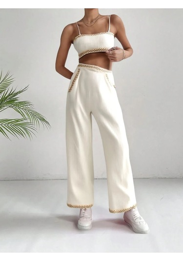 Çizgi Dokulu Dantel Şeritli Cepli Beli Lastikli Pantolon Sırt Lastikli Spor Büstiyer Keten Takım Bej