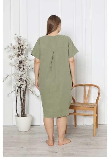 Kadın Tunik Gecelik Kısa Kollu Büyük Beden Cepli Keten Kiremit 92277 R11 Kiremit