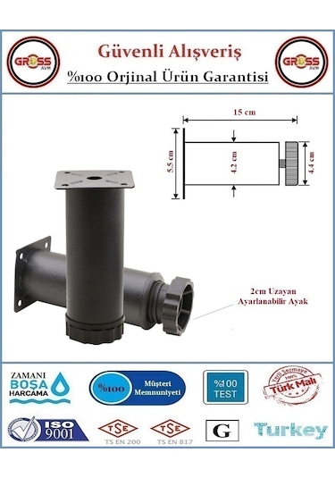 Metal Ayarlanabilir Koltuk - Mobilya - Baza Ayağı - 15cm - 2 Adet Siyah