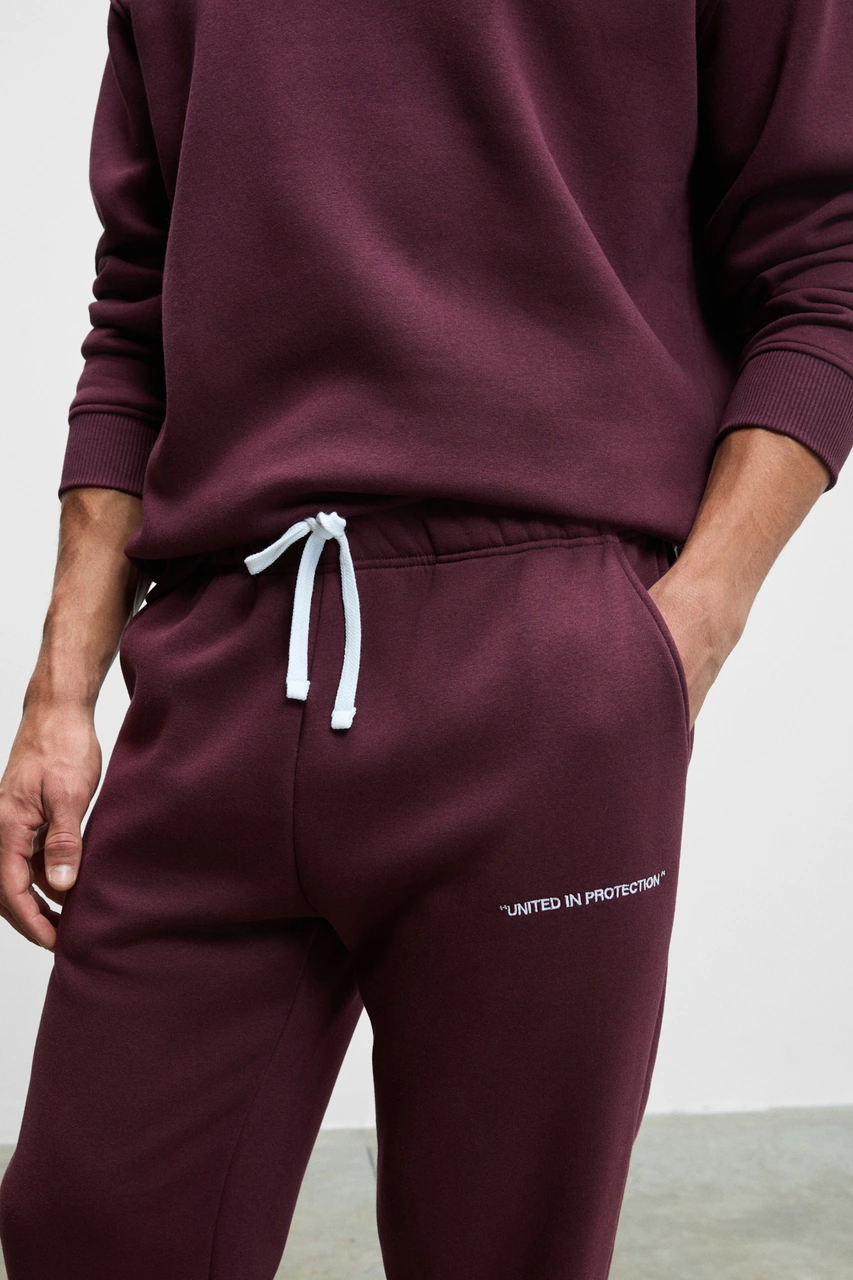 Grımelange Marshall Erkek Pamuklu İçi Polarlı Nakışlı Relaxed Bordo Eşofman Takımı Bordo