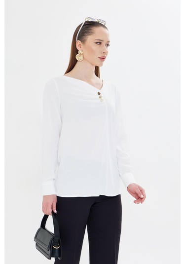 Yakası Pileli Ve Düğme Detaylı Gömlek Ekru Ekru