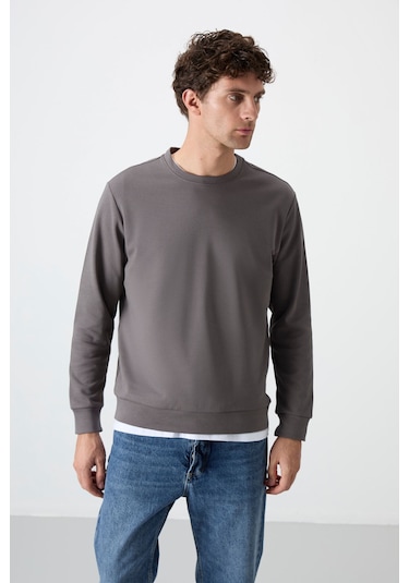 Tommy Life Koyu Gri Basic O Yaka Rahat Form Erkek Sweatshirt - 88053 Koyu Gri