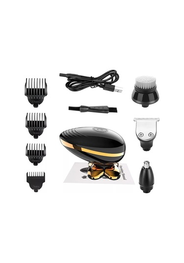 Vkemall Çok Amaçlı Şarjlı Elektrikli Tıraş Makinesi, Su Geçirmez, Dijital Ekranlı, 5 Başlık Siyah Altın Set