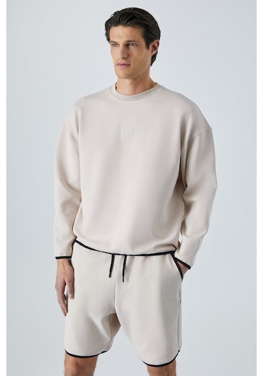 GRIMELANGE Plemon Erkek Bisiklet Yaka Uzun Kol Baskı Detaylı Oversize Taş Rengi Sweatshirt Taş Rengi