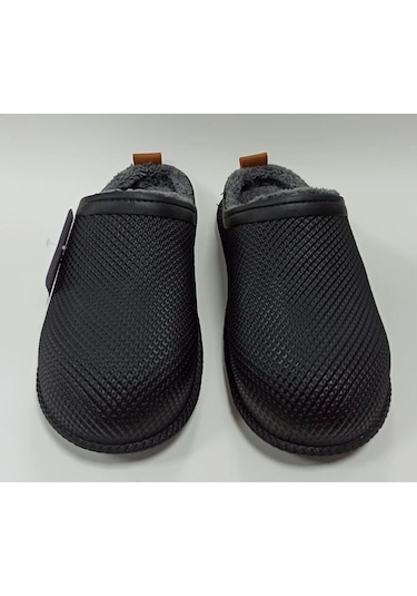Gezer Kışlık Islak Zemin Erkek Terlik Önü Kapalı Tüylü Siyah Siyah