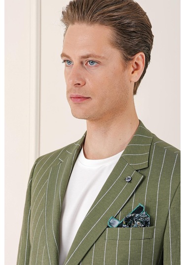 Comfort Fit Çift Yırtmaç İtalyan Çizgili Keten Casual Haki Ceket C 671 Haki