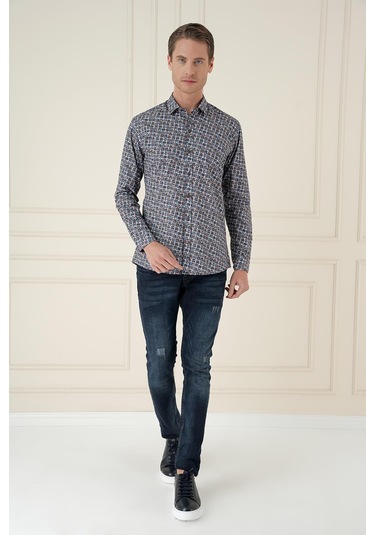 Slim Fit Baskılı %100 Pamuk Spor Mavi Gömlek G 1586 Mavi