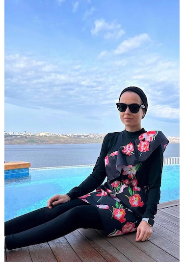 Kahijab Tulip Fırfır Detay Tesettür Mayo - Siyah - S Siyah