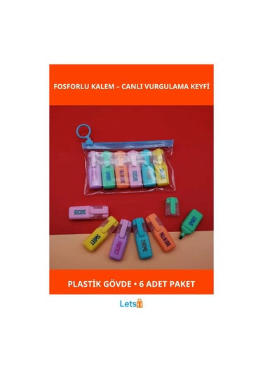 6'lı Fosforlu Kalem Fransız Mavi Pembe Yeşil Sarı Renkli Vurgulama Kalemi Çok Renkli