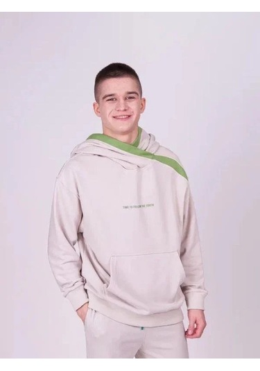 Çocuk 2 İplik Kumaş Pamuklu Sırtı Yazı Detaylı Kapüşonlu Tasarım Sweatshirt-13541 Bej