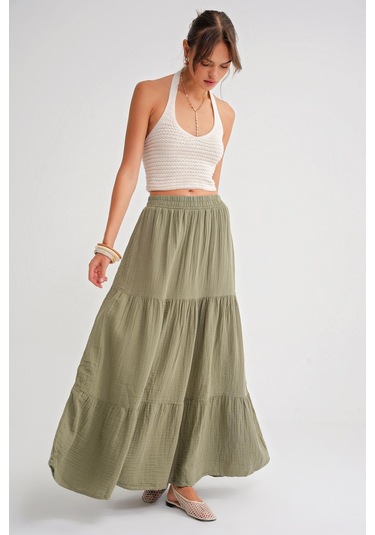 4567 Kadın Fırfırlı Uzun Müslin Etek Çağla Çağla Yeşili
