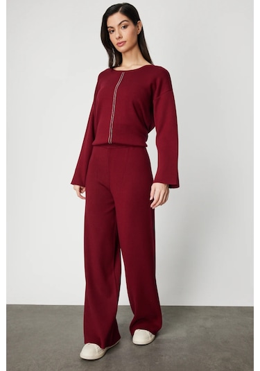 On Kadın Beli Lastikli Bol Paça Triko Pantolon 63321 Bordo Bordo