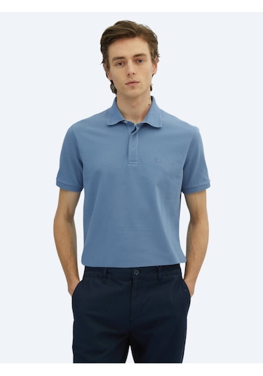 Havacı Mavi Düz Polo Yaka %100 Pamuk T-shirt Havacı Mavi