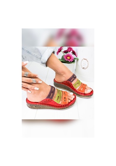 Hakiki Deri Joelle Kırmızı Mor Turuncu Yeşil Bej Comfort Lazer Kesim Terlik 001