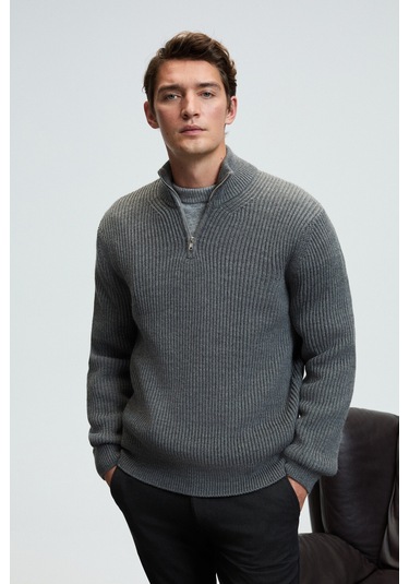 BERNARDO Erkek Yarım Fermuarlı Dik Yaka Triko Antrasit Kazak