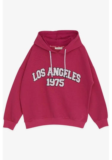 Kız Çocuk Kapüşonlu Los Angeles Yazılı Sweatshirt-14364 Fuşya