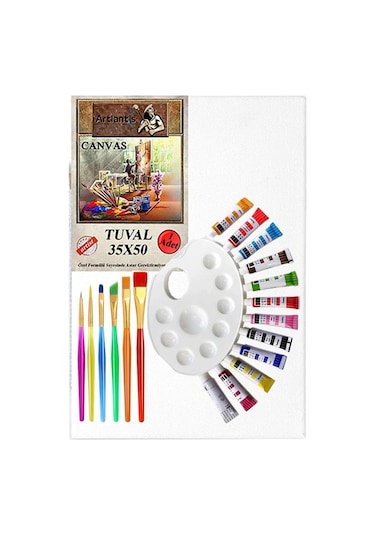 Guaj Boya Hobi Boyama Seti 35 x 50 CM Tuval 12li Guaj Boya Tüp Resim Paleti ve Fırça Seti 6lı Çok Renkli