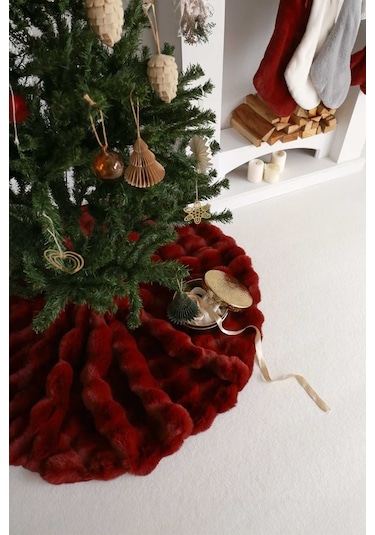 Çam Ağacı Ayak Halısı Örtüsü, Yılbaşı Ağacı Altı Örtüsü Peluş Bordo, Bubble Halı 100x100 Cm
