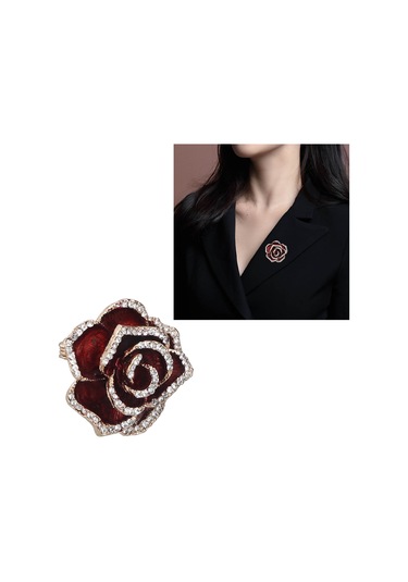 Lemestar Kırmızı Camelya Desenli El Yapımı Alaşım Broş - Kravat, Ceket, Palto Sabitleyici - Kadın Giyim Aksesuarı Kırmızı
