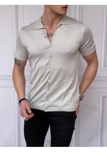 Modefendi Slim Fit Polo Yaka Triko Pamuklu Kısa Kollu Gömlek Gümüş