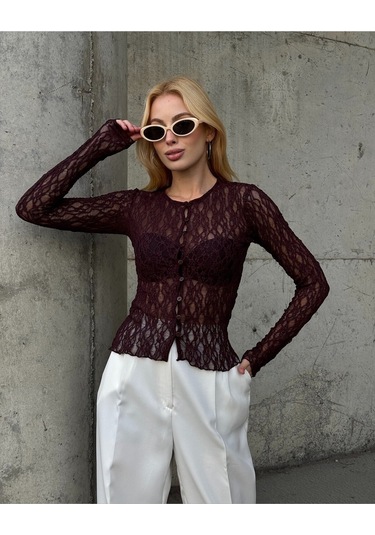 Kadın Bisiklet Yaka Önden Düğmeli Full Esnek Dantel Bürümcük Spor Şık Tasarım Gece Bluzu Kahverengi