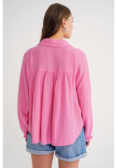 4677 Kadın Dantel Detaylı Müslin Gömlek Pembe Pembe