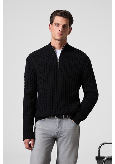 IVAR Erkek Yarım Fermuarlı Dik Yakalı Saç Örgü Desenli Triko Siyah Kazak