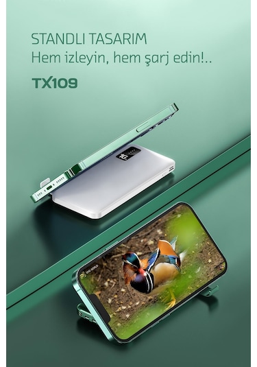 Powerway TX109 10.000 mAh Kablolu Dijital Göstergeli Dahili Stand Powerbank Siyah
