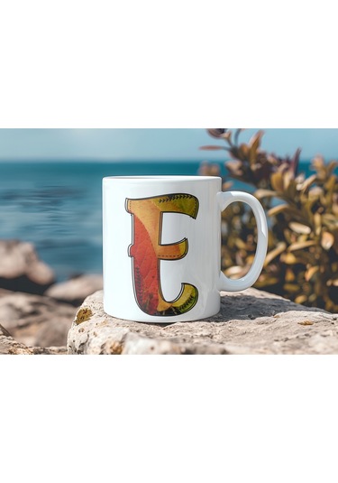 E Harf Yaprak Renkleri İle Kupa Bardak - Kişiye Özel Alfabe Harfli Bardak - Hediye Beyaz