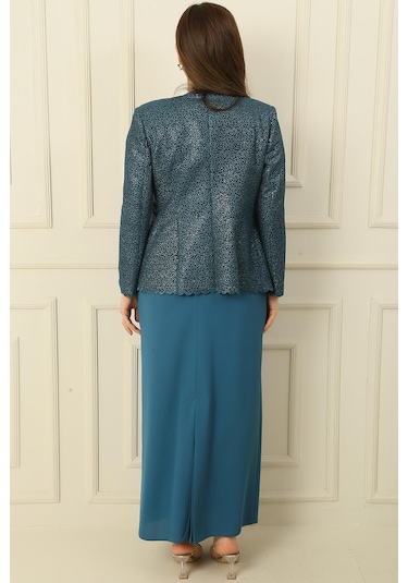 Yaka Taşlı Astarlı Uzun Krep Elbise Pullu Ceket Büyük Beden 2'li Takım-34876 Petrol Mavisi