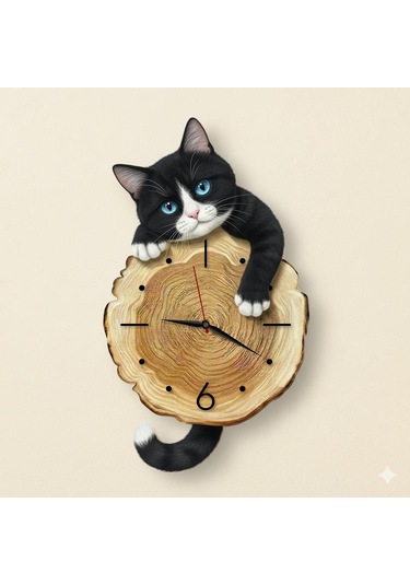 Cajuart Kütük Üzerinden Bakan Smokin Kedi Tasarımlı Duvar Saati Modern Dekoratif Saat Kahverengi
