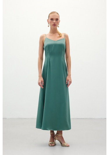 Sateen Askılı Uzun Saten Elbise - Mint-136328 Mint
