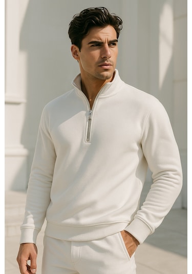 Rich Erkek Ekru Yarım Fermuarlı Sweatshirt Ekru