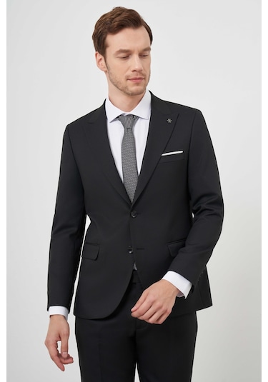 Morven Erkek Siyah Poliviskon Basic Jakar Desen Slim Fit Sivri Yaka Takım Elbise Siyah