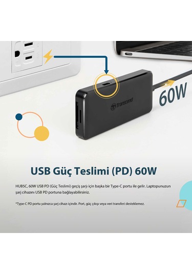Transcend TS-HUB5C 2-Port Type-A,1-Port Type-C,1-Port PD,SD/MicroSD Gen 2 Type C HUB & Kart Okuyucu