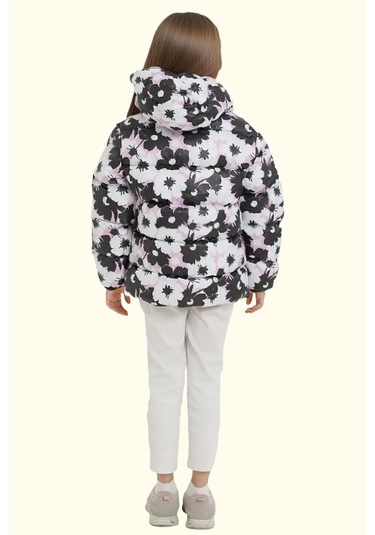 Kız Çocuk Pusula Desen Polar Su Ve Rüzgar Geçirmez Kapüşonlu Şişme Kışlık Mont Beyaz