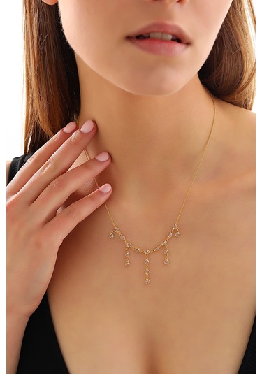 925 Ayar Gümüş Zirkon Taşlı Uzun Ve Kısa Parça Sallantılı Tamtur Kolye Altın