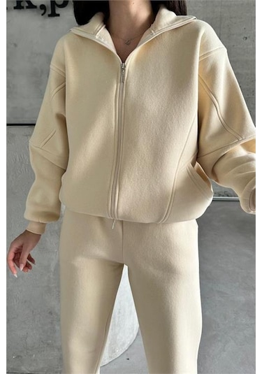 Dip Moda Kadın Fermuarlı Alt Üst Eşofman Takımı Dpnbg028 Bej