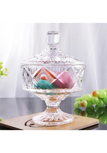 Pazly Şeker Kavanoz Cam Kristal Çanak Kase Takı Duş Totejar Depolama Tutucu Kapaklı Çerez Kabartmalı Teneke Dekoratif Konteyner Şeffaf