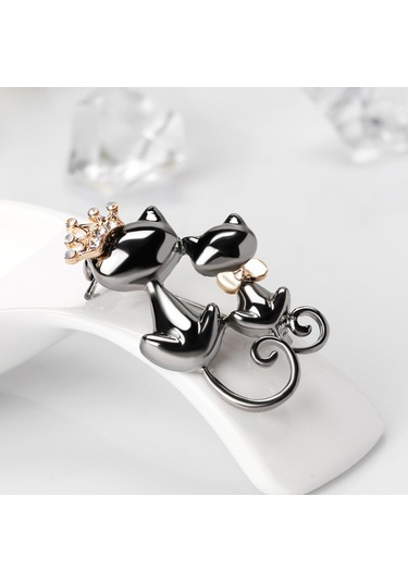 Kadın Takı Parlak Yapay Elmas Sevimli Çift Kedi Figürlü Broş Çok Renkli