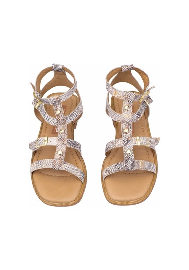 Elit Talia Kadın Hakiki Deri Düz Sandalet Bej Bej