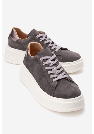 Gueno Füme Hakiki Deri Süet Kadın Spor Ayakkabı Füme