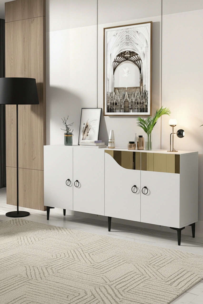 Ka1514bg Gama150 Konsol, Kahve Köşesi, Tv Sehpası Beyaz-gold 150cm Beyaz