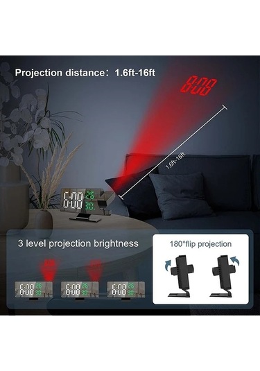 Ganzhoushop Zilinn Zaman Tavan Sıcaklık Saati Saati Saati Saat Renki Projektör Projeksiyon Led Işık İle İçin Harf-33 Göstergesi Ev Erteleme Dijital Çok Çalar Beyaz Arka Wq Çok Renki