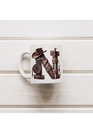 N Harfi Kovboy Temalı Bardak 330 Ml İsim / Harf Kişiye Özel Hediye - Vahşi Batı Konsept Beyaz