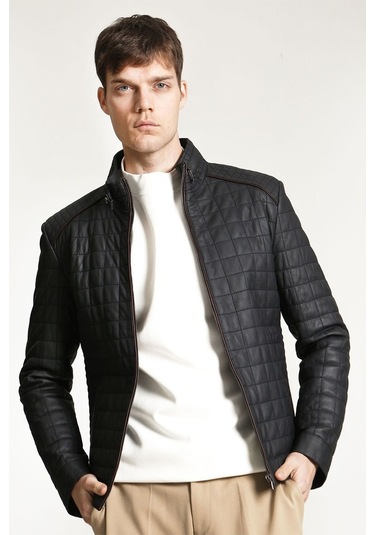 Dericlub E-1203 Gummy Gerçek Deri Erkek Kaban-Lacivert